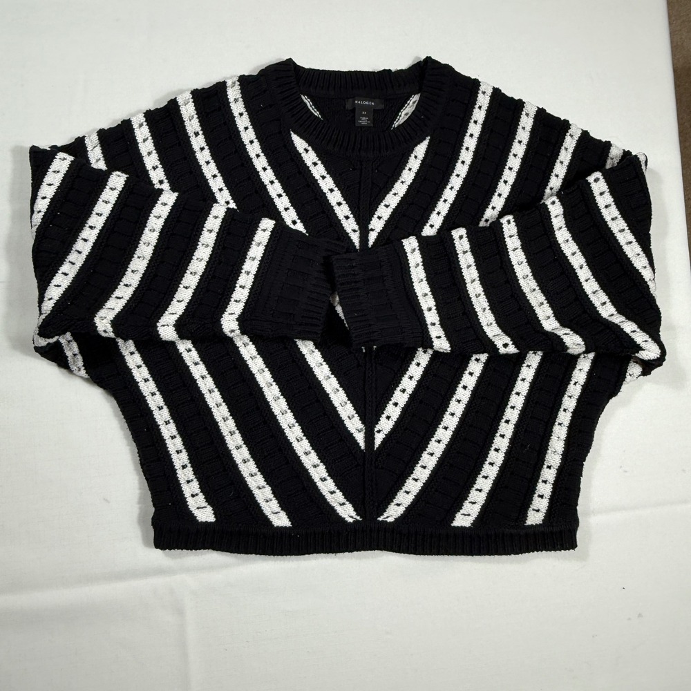 Halogen Sweater XS Black White Striped Knit Pullover Long Sleeve Relaxed Fit‎